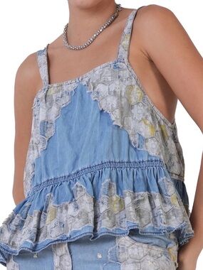 Light Blue Patchwork Ruffle Tank Top